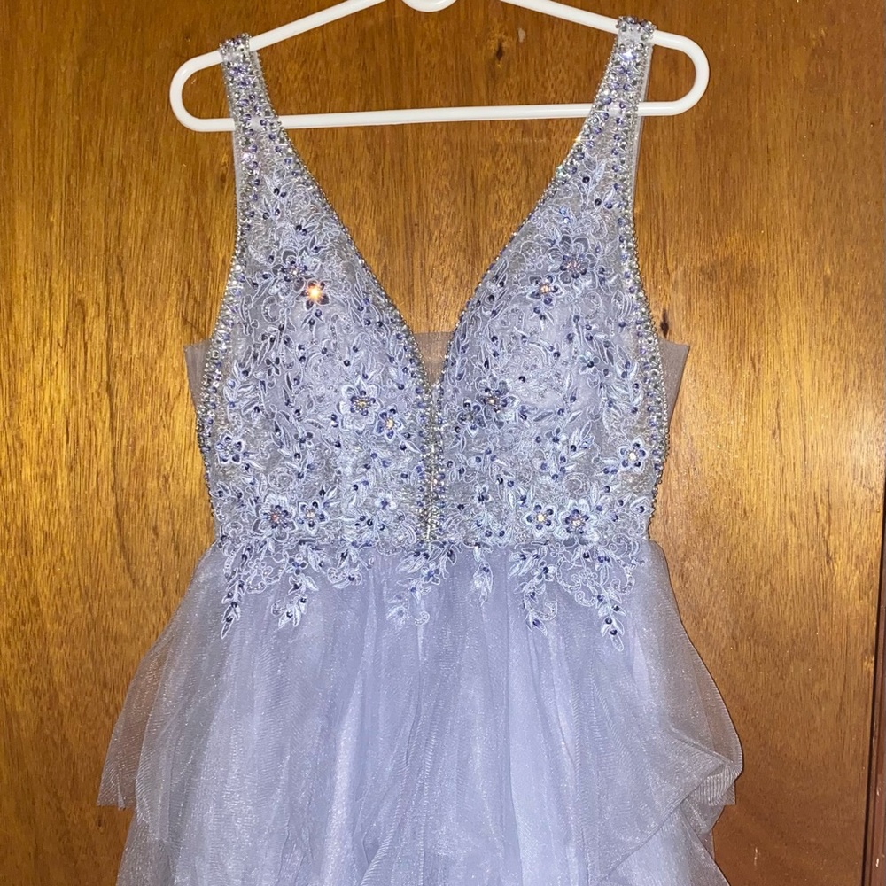Periwinkle HandBeaded Floral Lace Tulle Mini Dress